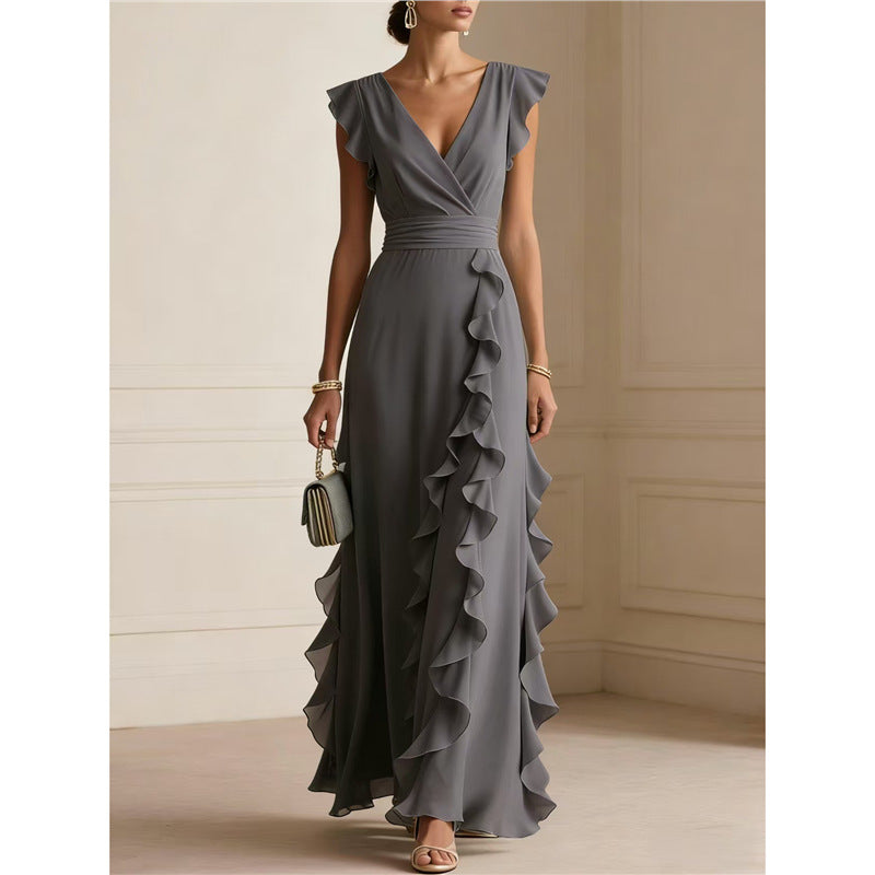 Women'S Elegant Solid Color Ruffle Sleeveless Sexy V-Neck Long Dress Fashionable Bohemian Women'S Party Evening Maxi Dresses