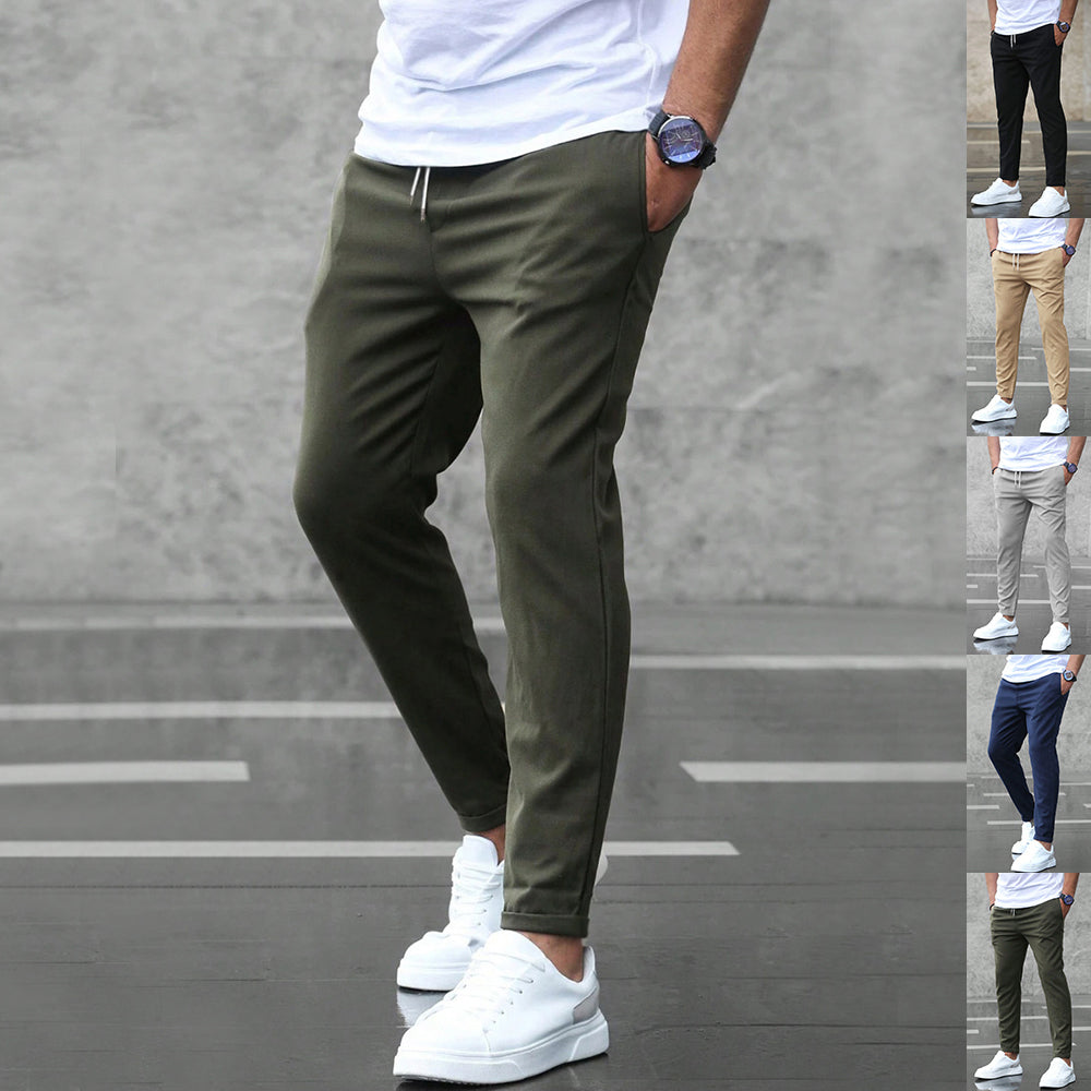 Stylish Men's Casual Drawstring Trousers with Pockets - Slim Fit Skinny Pencil Pants
