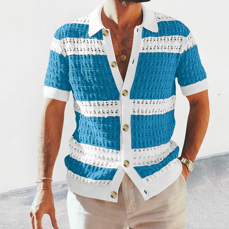Summer Luxury Fashion New Knitted Shirt Men'S Polo Neck Short Sleeve Colored Hollow Breathable Cardigan Men'S Top Coat