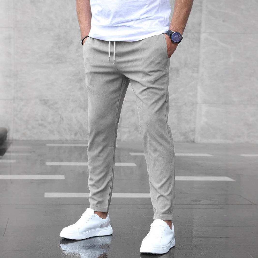 Stylish Men's Casual Drawstring Trousers with Pockets - Slim Fit Skinny Pencil Pants