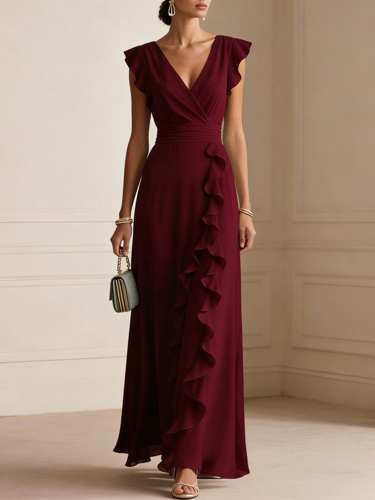 Women'S Elegant Solid Color Ruffle Sleeveless Sexy V-Neck Long Dress Fashionable Bohemian Women'S Party Evening Maxi Dresses