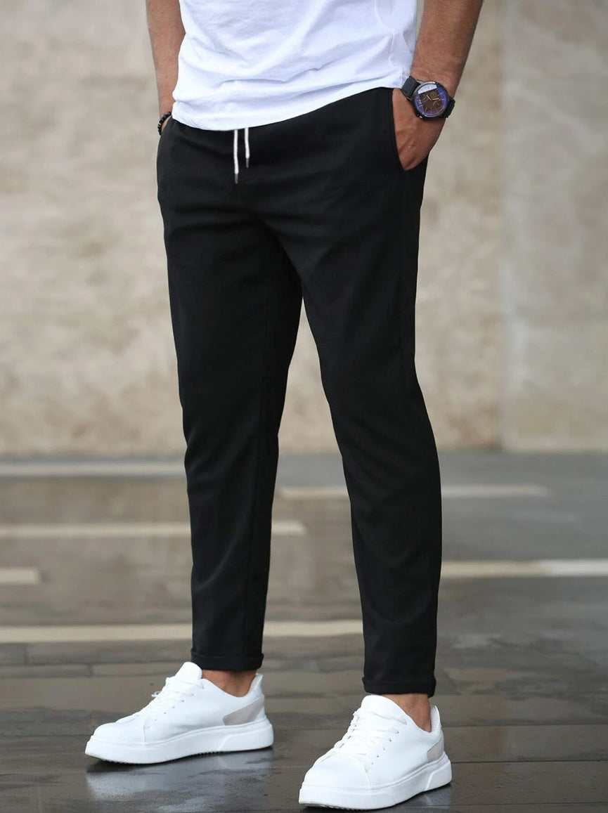 Stylish Men's Casual Drawstring Trousers with Pockets - Slim Fit Skinny Pencil Pants