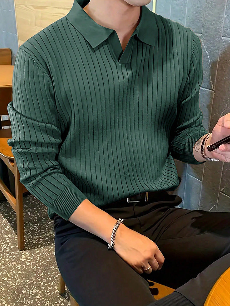 Lapel Texture Stretch Slim Knit Polo Shirt Men Polo Shirt Fashion Waffle Long-Sleeved Tops Clothing Casual Comfortable Golf Men'S Clothing