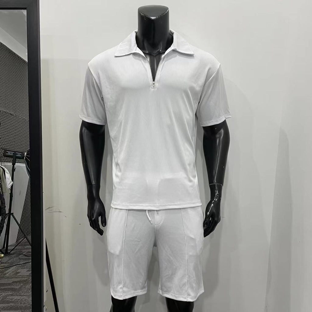 Summer Fashion Mens Clothing Men'S Suits New Zipper Polo Casual Short Sleeve Drawstring Shorts Men'S Set