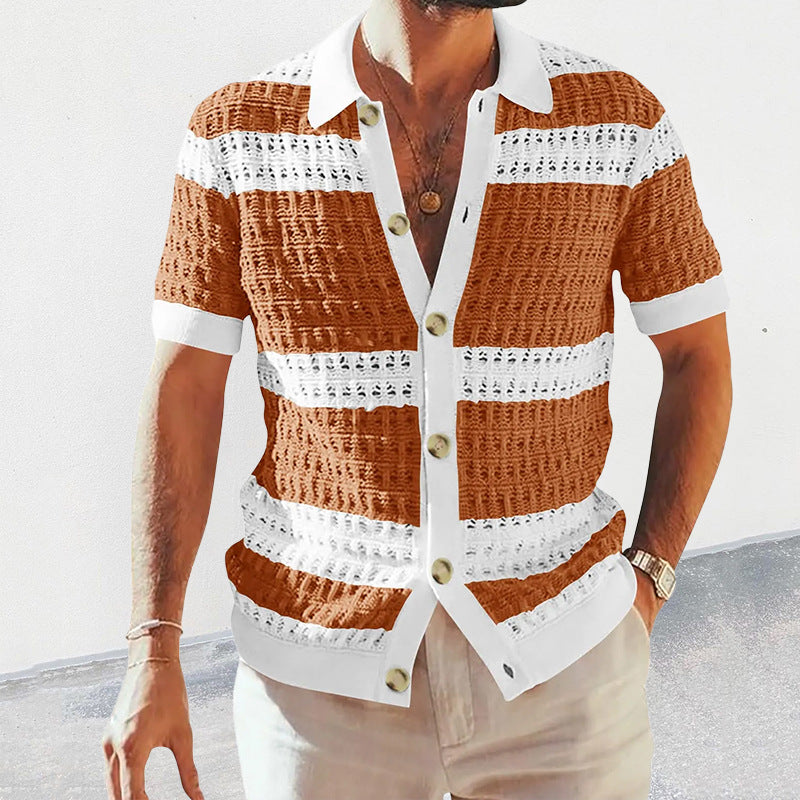 Summer Luxury Fashion New Knitted Shirt Men'S Polo Neck Short Sleeve Colored Hollow Breathable Cardigan Men'S Top Coat