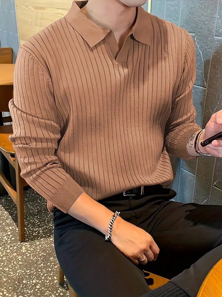 Lapel Texture Stretch Slim Knit Polo Shirt Men Polo Shirt Fashion Waffle Long-Sleeved Tops Clothing Casual Comfortable Golf Men'S Clothing