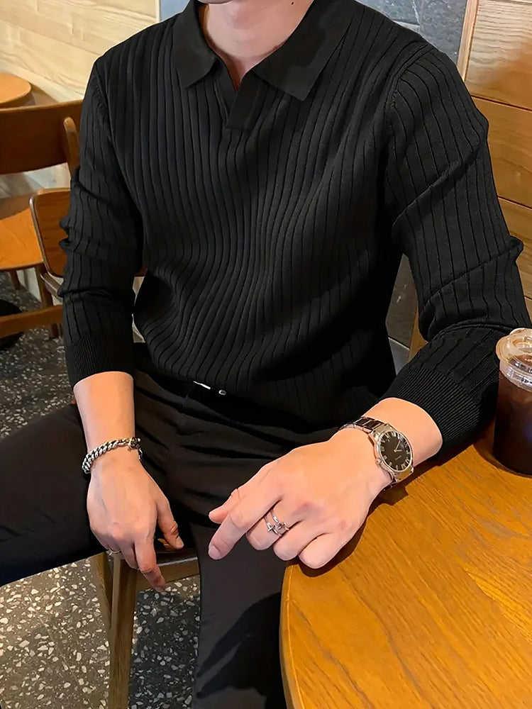 Lapel Texture Stretch Slim Knit Polo Shirt Men Polo Shirt Fashion Waffle Long-Sleeved Tops Clothing Casual Comfortable Golf Men'S Clothing