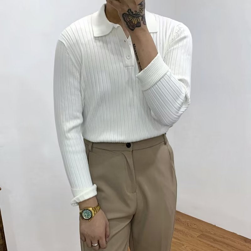 Lapel Texture Stretch Slim Knit Polo Shirt Men Polo Shirt Fashion Waffle Long-Sleeved Tops Clothing Casual Comfortable Golf Men'S Clothing