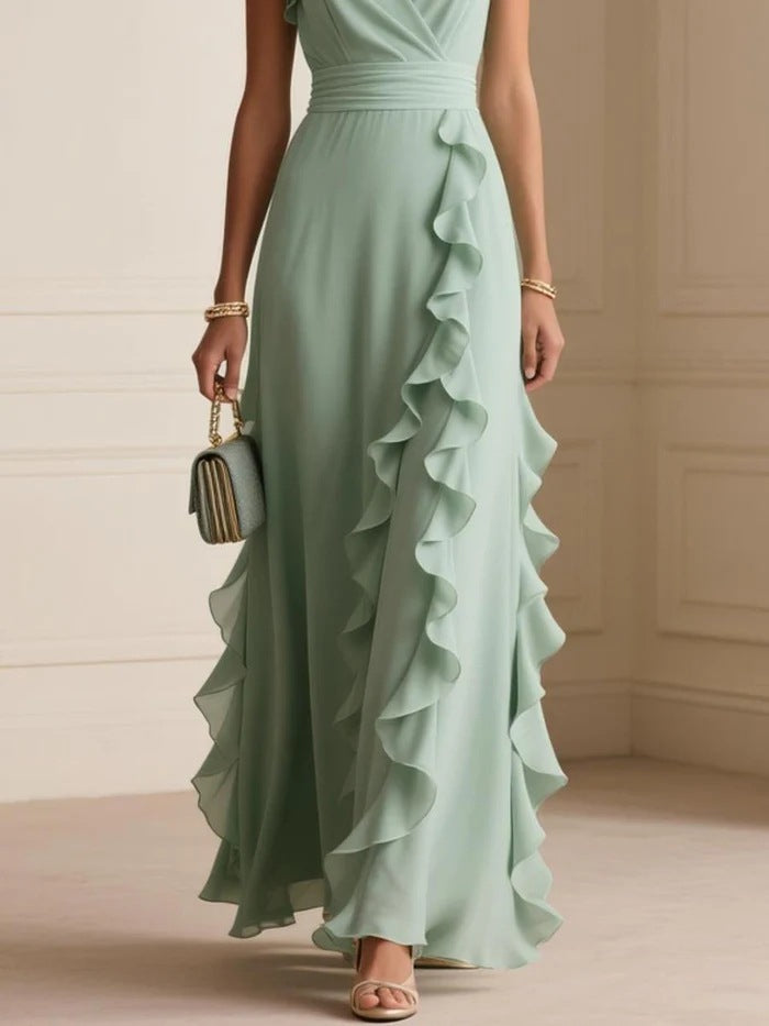 Women'S Elegant Solid Color Ruffle Sleeveless Sexy V-Neck Long Dress Fashionable Bohemian Women'S Party Evening Maxi Dresses