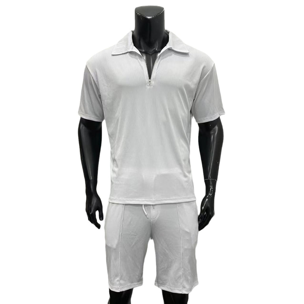 Summer Fashion Mens Clothing Men'S Suits New Zipper Polo Casual Short Sleeve Drawstring Shorts Men'S Set