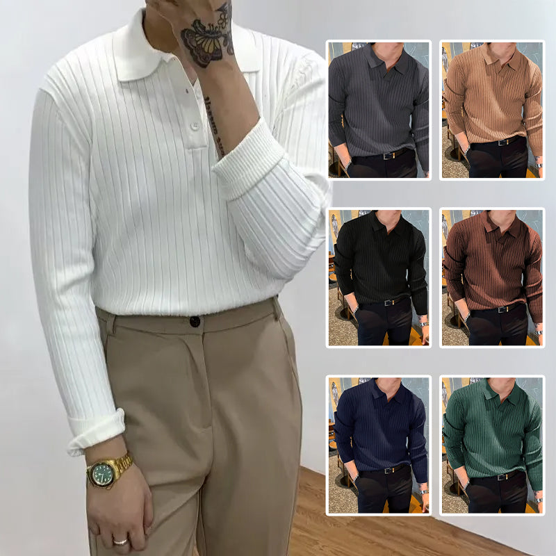 Lapel Texture Stretch Slim Knit Polo Shirt Men Polo Shirt Fashion Waffle Long-Sleeved Tops Clothing Casual Comfortable Golf Men'S Clothing