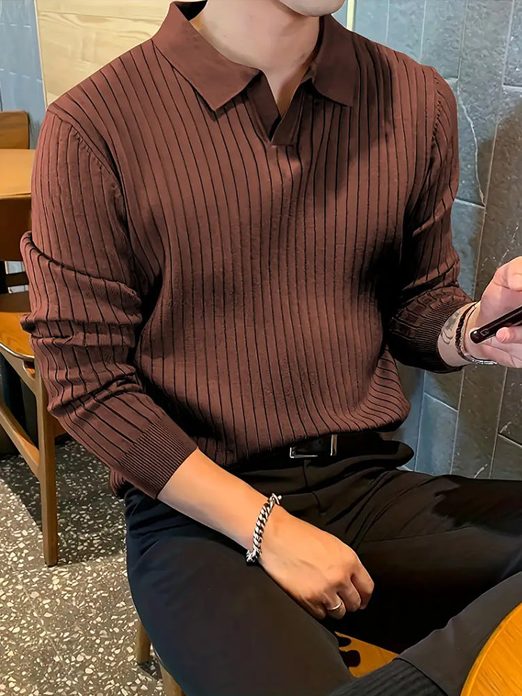 Lapel Texture Stretch Slim Knit Polo Shirt Men Polo Shirt Fashion Waffle Long-Sleeved Tops Clothing Casual Comfortable Golf Men'S Clothing