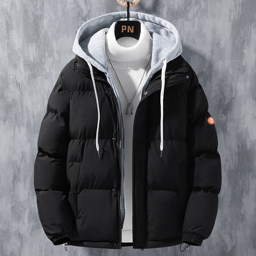 Fashion Hooded Jacket Men Winter Windproof Thickened Fake Two-Piece Coat Solid Leisure Sports Cotton Jacket
