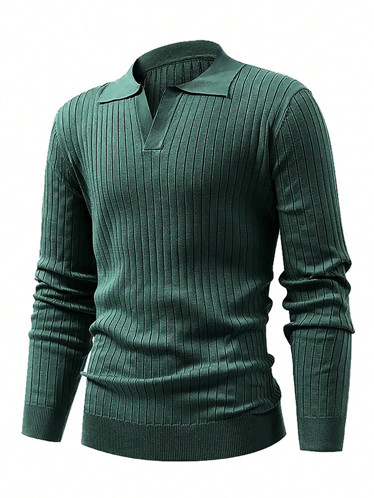 Lapel Texture Stretch Slim Knit Polo Shirt Men Polo Shirt Fashion Waffle Long-Sleeved Tops Clothing Casual Comfortable Golf Men'S Clothing