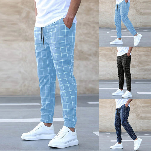 Fashion Plaid Print Pants Casual Drawstring Trousers Men'S Clothing