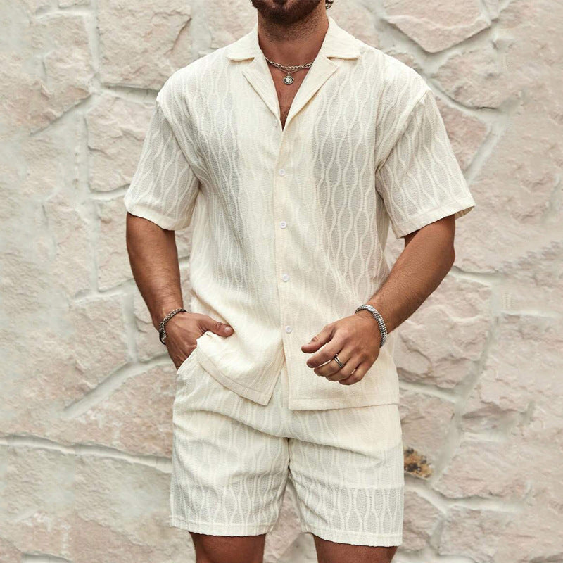 Men Tracksuits Summer Fashion Solid Loose Casual Two Pieces Lapel Button Shirt Shorts Beach Holiday All-Match Outfits Male
