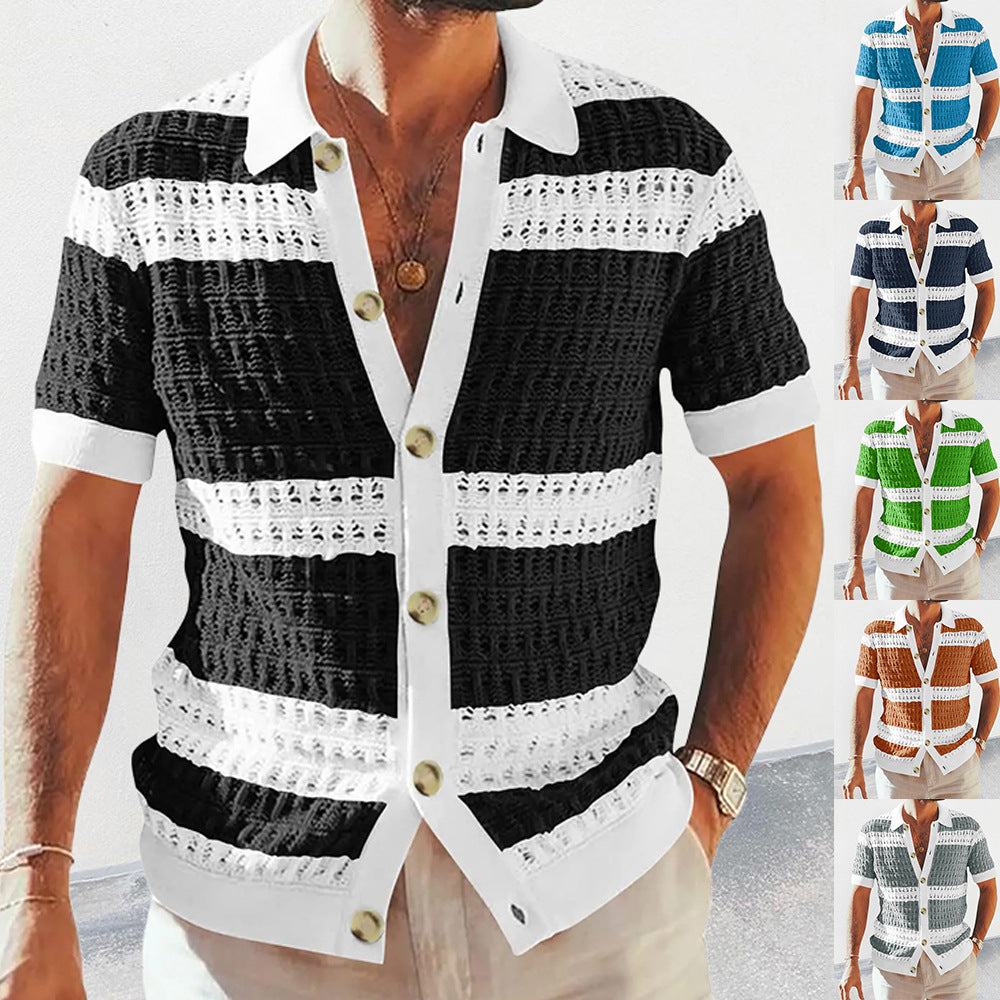 Summer Luxury Fashion New Knitted Shirt Men'S Polo Neck Short Sleeve Colored Hollow Breathable Cardigan Men'S Top Coat