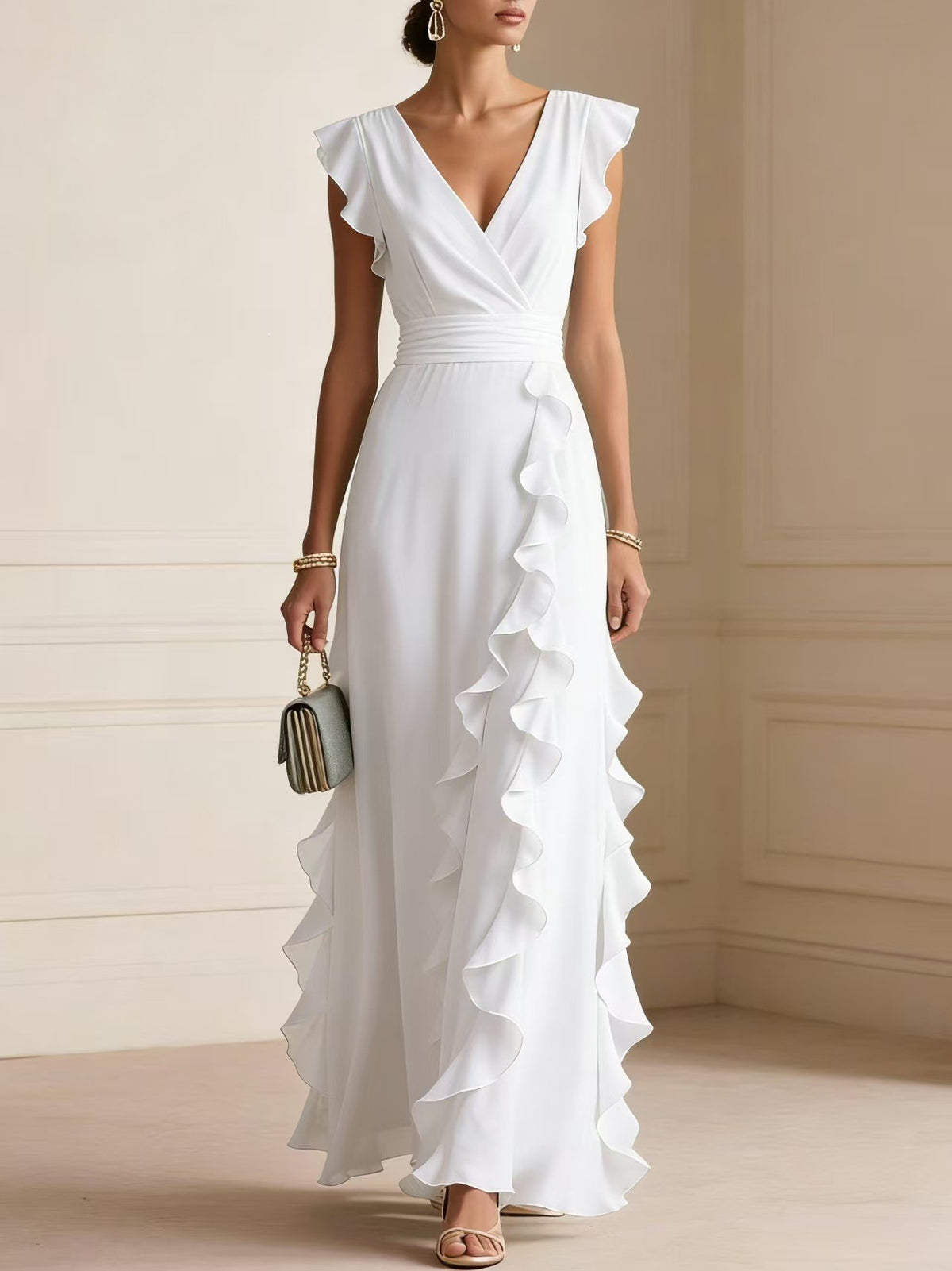 Women'S Elegant Solid Color Ruffle Sleeveless Sexy V-Neck Long Dress Fashionable Bohemian Women'S Party Evening Maxi Dresses