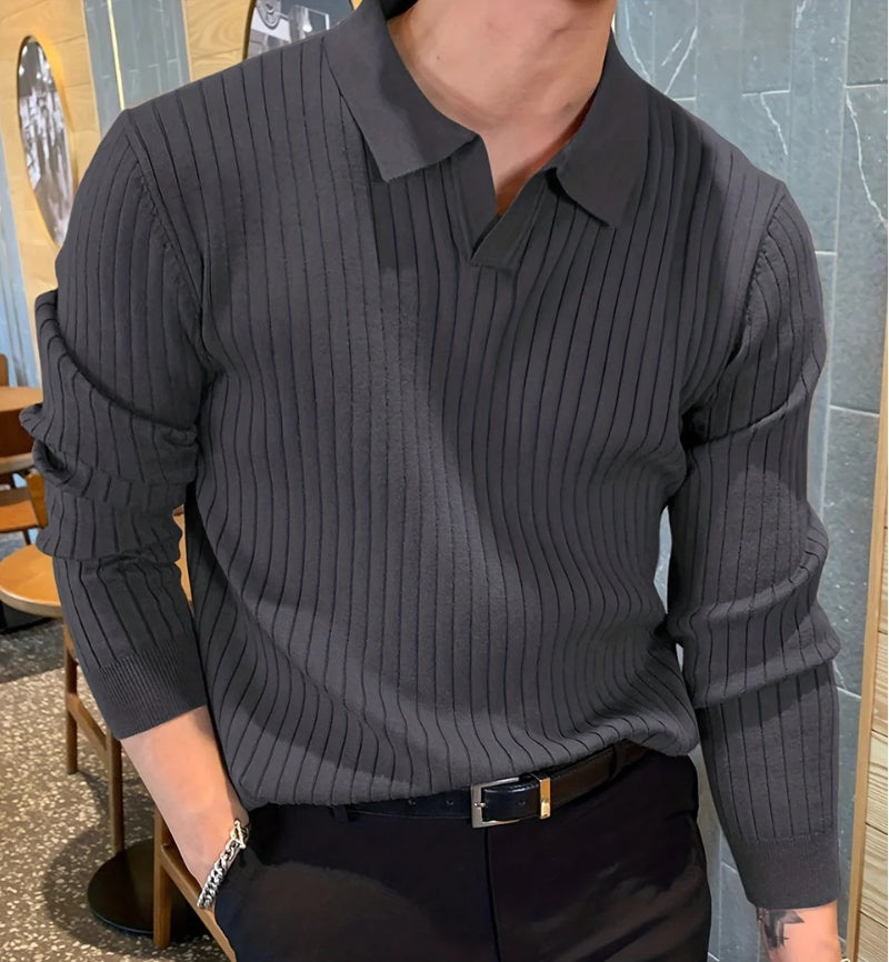 Lapel Texture Stretch Slim Knit Polo Shirt Men Polo Shirt Fashion Waffle Long-Sleeved Tops Clothing Casual Comfortable Golf Men'S Clothing