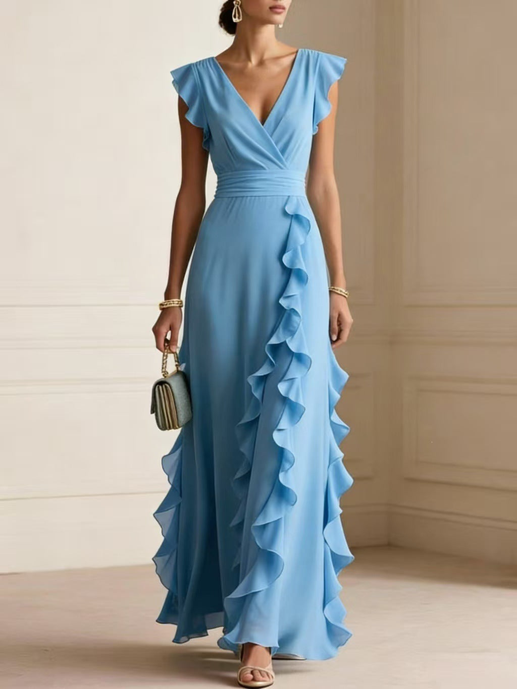 Women'S Elegant Solid Color Ruffle Sleeveless Sexy V-Neck Long Dress Fashionable Bohemian Women'S Party Evening Maxi Dresses
