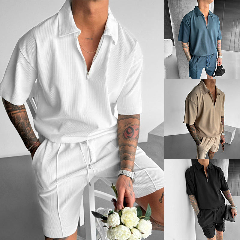 Summer Fashion Mens Clothing Men'S Suits New Zipper Polo Casual Short Sleeve Drawstring Shorts Men'S Set