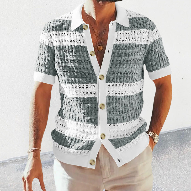 Summer Luxury Fashion New Knitted Shirt Men'S Polo Neck Short Sleeve Colored Hollow Breathable Cardigan Men'S Top Coat
