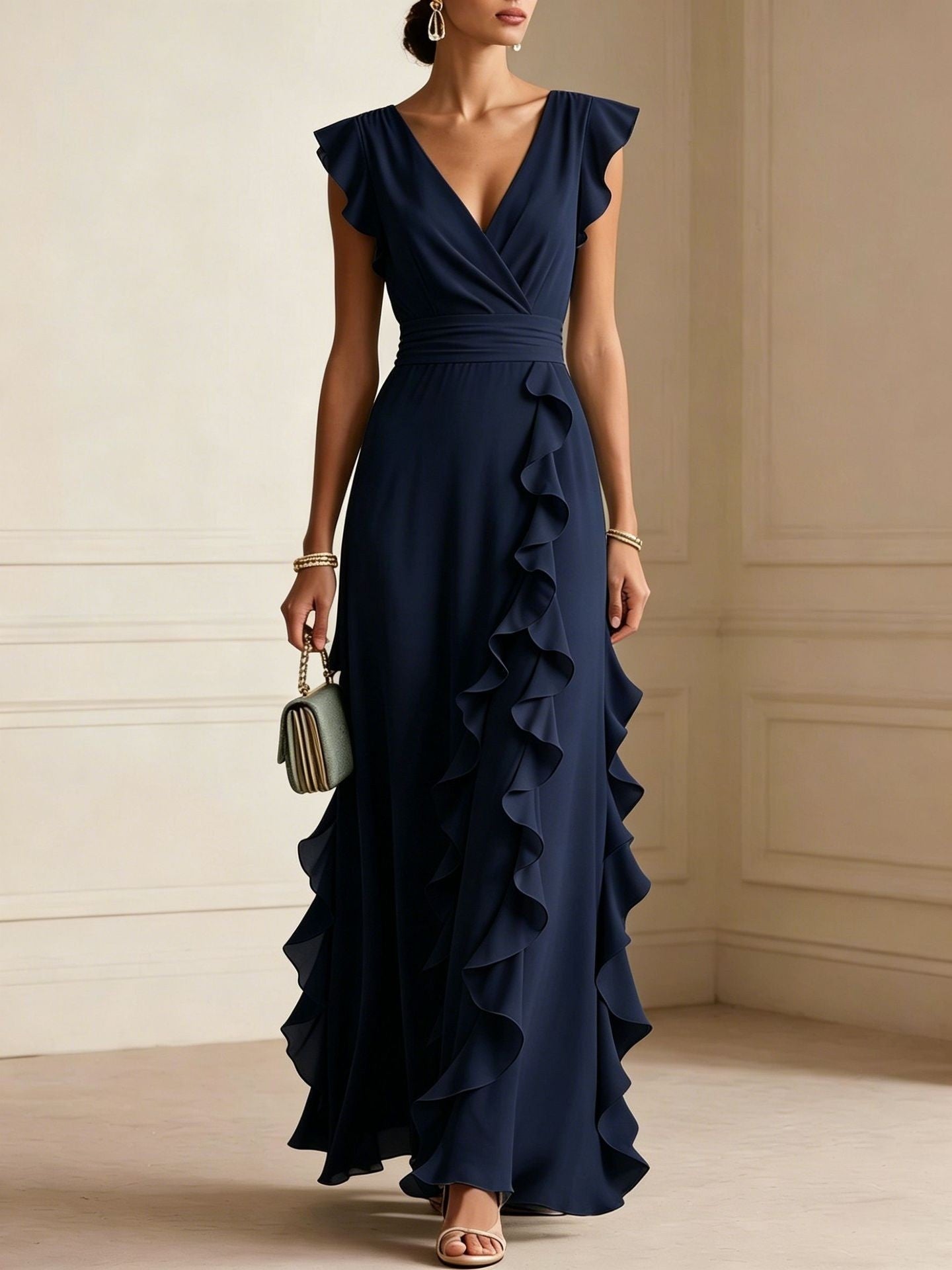Women'S Elegant Solid Color Ruffle Sleeveless Sexy V-Neck Long Dress Fashionable Bohemian Women'S Party Evening Maxi Dresses