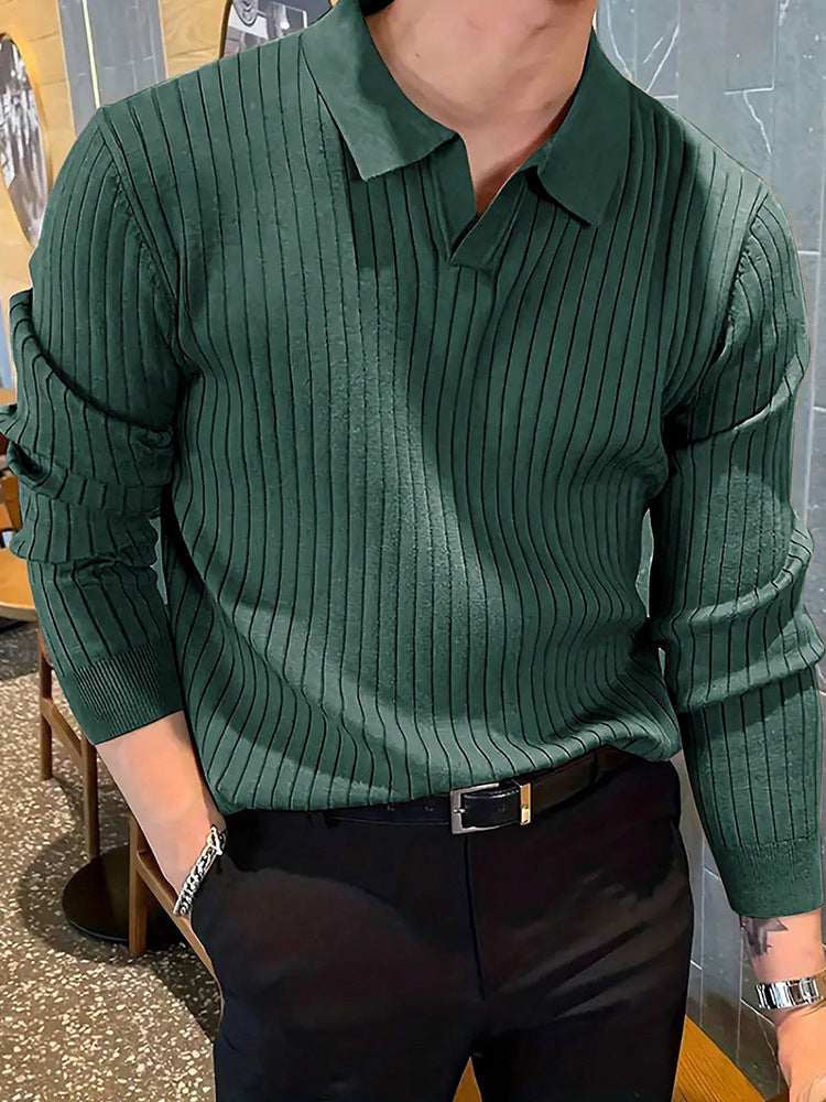 Lapel Texture Stretch Slim Knit Polo Shirt Men Polo Shirt Fashion Waffle Long-Sleeved Tops Clothing Casual Comfortable Golf Men'S Clothing