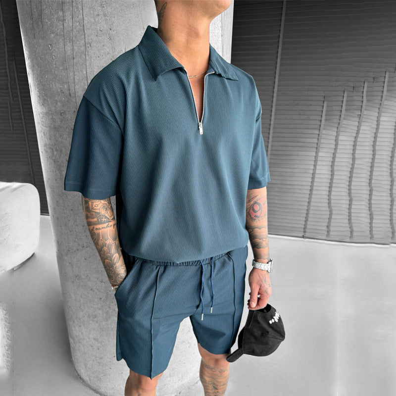 Summer Fashion Mens Clothing Men'S Suits New Zipper Polo Casual Short Sleeve Drawstring Shorts Men'S Set