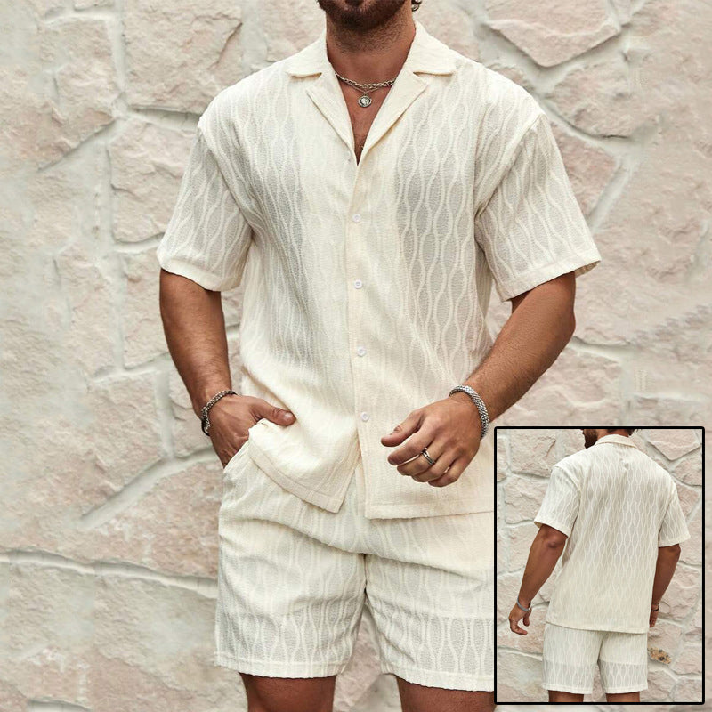 Men Tracksuits Summer Fashion Solid Loose Casual Two Pieces Lapel Button Shirt Shorts Beach Holiday All-Match Outfits Male