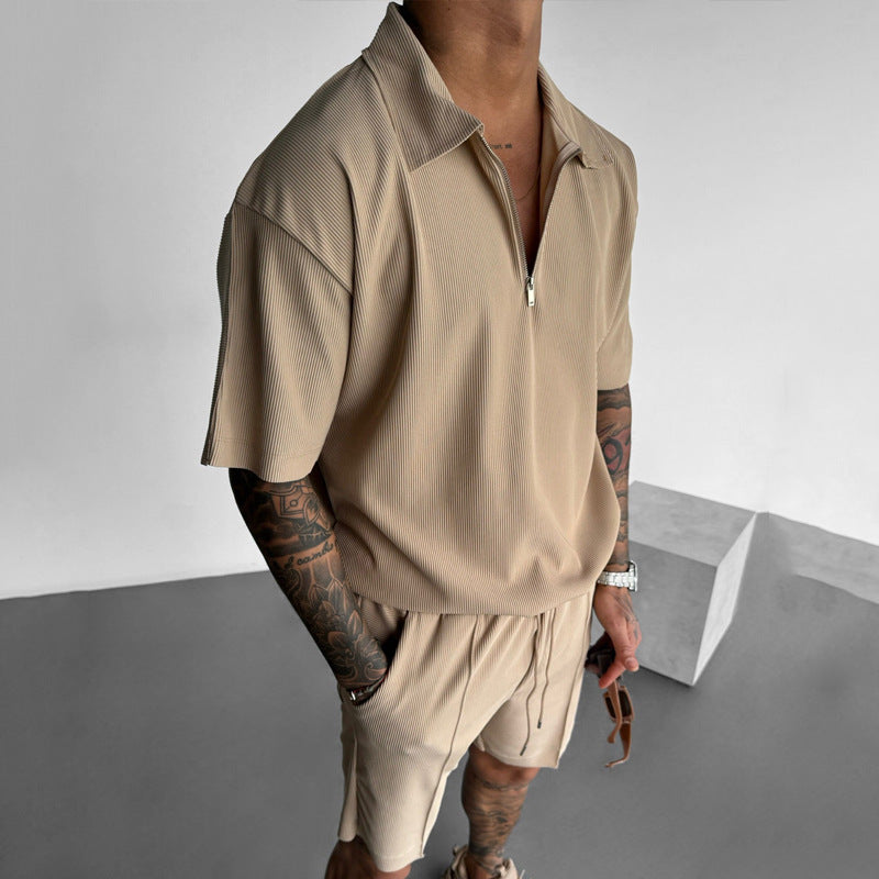 Summer Fashion Mens Clothing Men'S Suits New Zipper Polo Casual Short Sleeve Drawstring Shorts Men'S Set