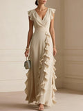 Women'S Elegant Solid Color Ruffle Sleeveless Sexy V-Neck Long Dress Fashionable Bohemian Women'S Party Evening Maxi Dresses