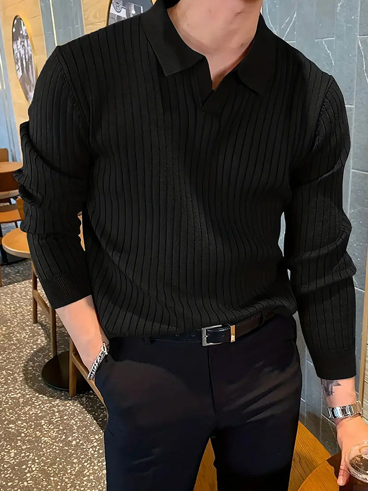 Lapel Texture Stretch Slim Knit Polo Shirt Men Polo Shirt Fashion Waffle Long-Sleeved Tops Clothing Casual Comfortable Golf Men'S Clothing