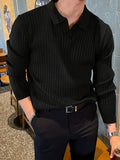 Lapel Texture Stretch Slim Knit Polo Shirt Men Polo Shirt Fashion Waffle Long-Sleeved Tops Clothing Casual Comfortable Golf Men'S Clothing