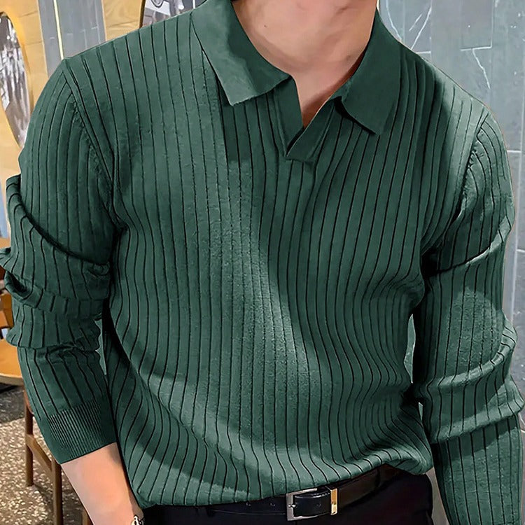 Lapel Texture Stretch Slim Knit Polo Shirt Men Polo Shirt Fashion Waffle Long-Sleeved Tops Clothing Casual Comfortable Golf Men'S Clothing