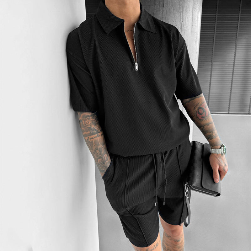Summer Fashion Mens Clothing Men'S Suits New Zipper Polo Casual Short Sleeve Drawstring Shorts Men'S Set