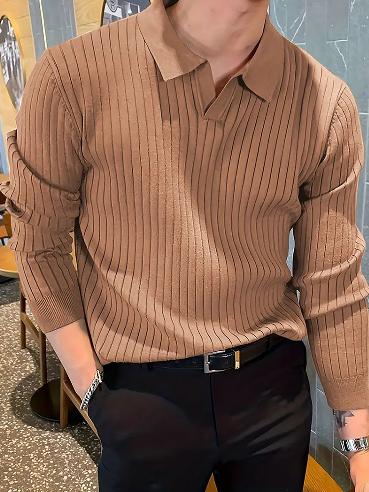 Lapel Texture Stretch Slim Knit Polo Shirt Men Polo Shirt Fashion Waffle Long-Sleeved Tops Clothing Casual Comfortable Golf Men'S Clothing