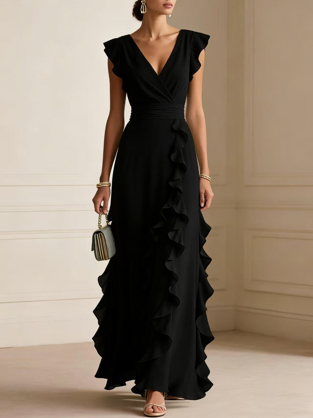 Women'S Elegant Solid Color Ruffle Sleeveless Sexy V-Neck Long Dress Fashionable Bohemian Women'S Party Evening Maxi Dresses