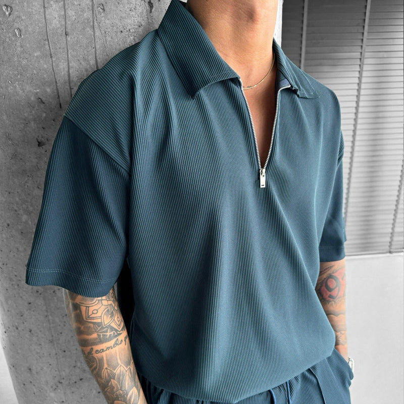 Summer Fashion Mens Clothing Men'S Suits New Zipper Polo Casual Short Sleeve Drawstring Shorts Men'S Set