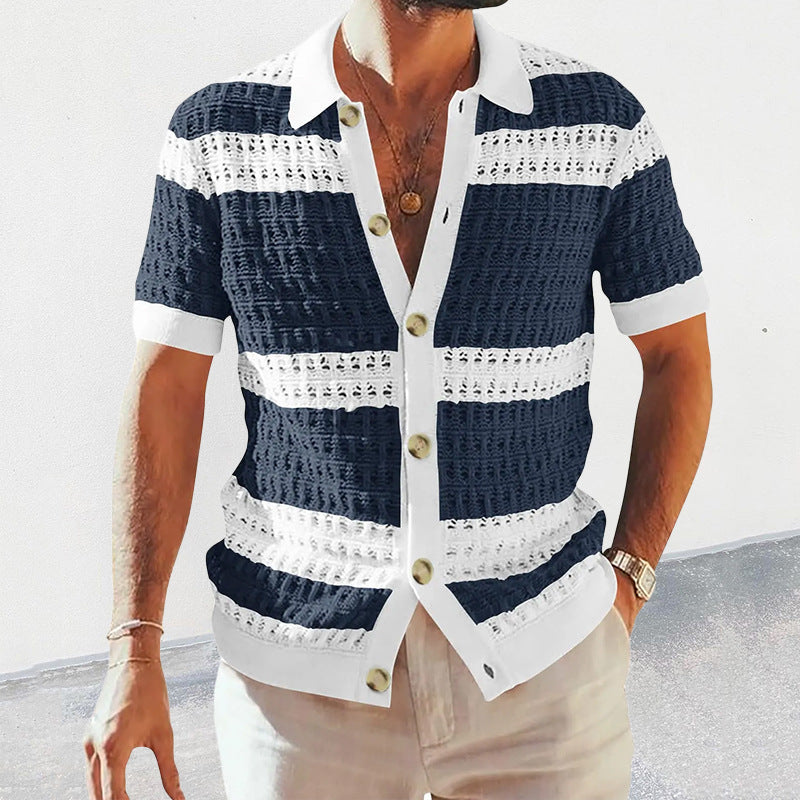 Summer Luxury Fashion New Knitted Shirt Men'S Polo Neck Short Sleeve Colored Hollow Breathable Cardigan Men'S Top Coat