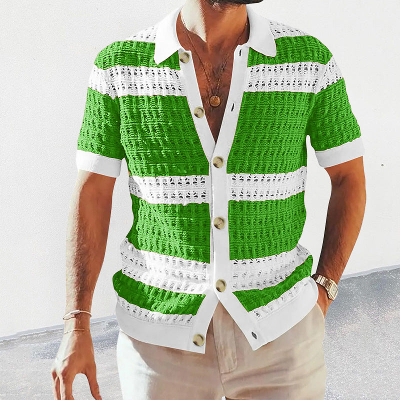 Summer Luxury Fashion New Knitted Shirt Men'S Polo Neck Short Sleeve Colored Hollow Breathable Cardigan Men'S Top Coat
