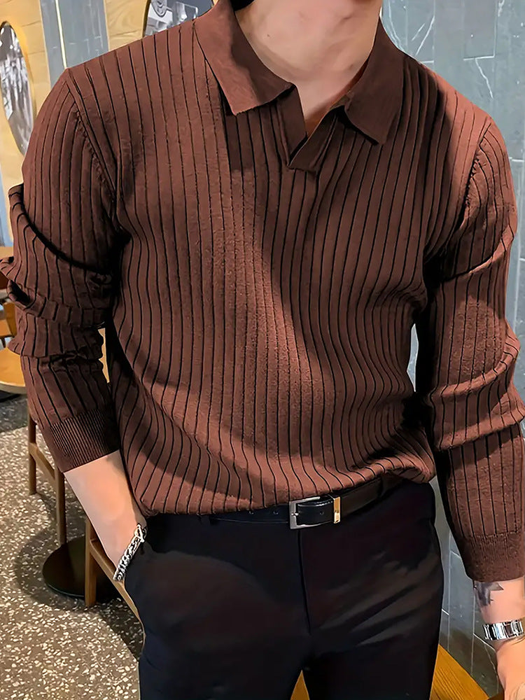 Lapel Texture Stretch Slim Knit Polo Shirt Men Polo Shirt Fashion Waffle Long-Sleeved Tops Clothing Casual Comfortable Golf Men'S Clothing